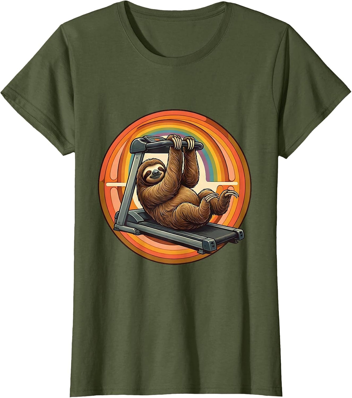 Women's Funny Sloth Hanging From Treadmill Illustration T-Shirt - Olive Green