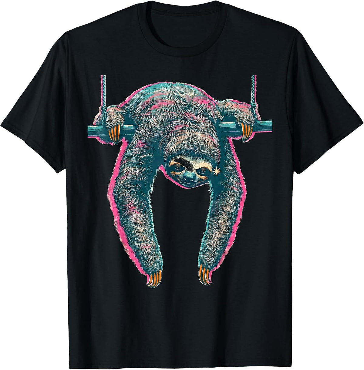 Men's Sloth Draped Over Pendulum Bar Risograph Humor T-Shirt - Black
