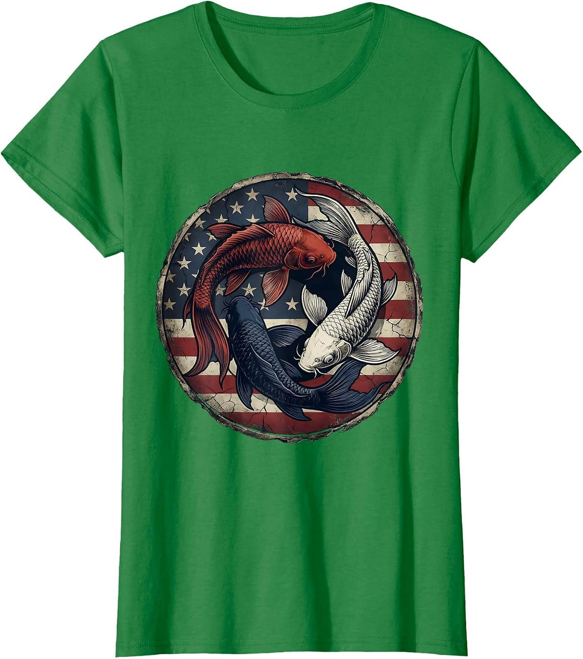 Women's Red White and Blue Koi Fish Intertwined Design T-Shirt - Kelly Green