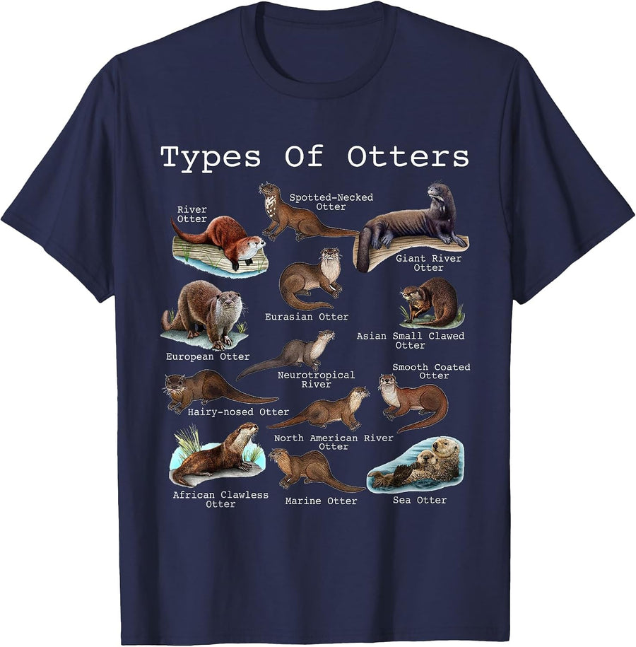 Types of Otters Sea Otter Giant Otter Educational Animal T-Shirt - Navy Blue