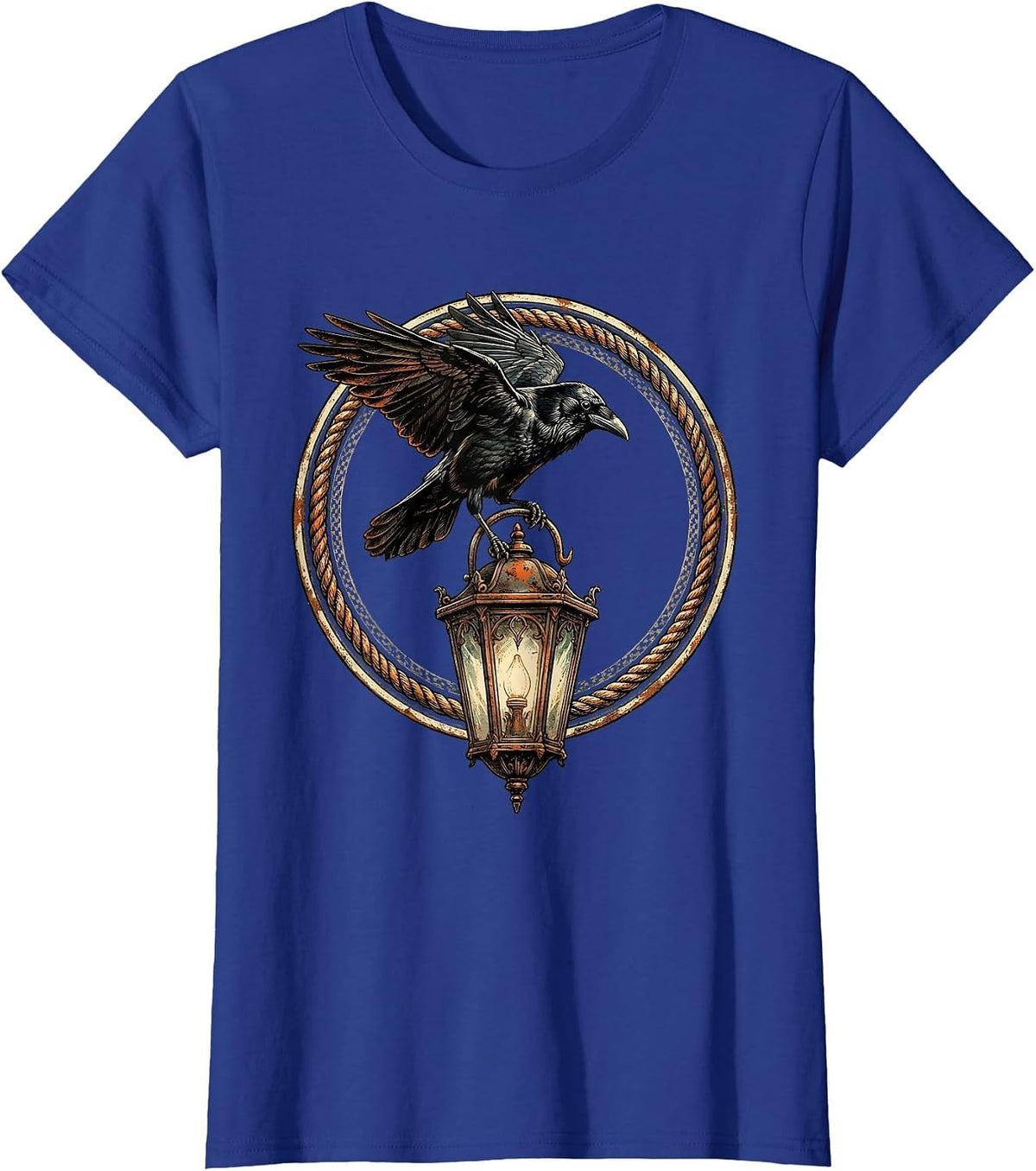 Women's Crow Perched on Old Lantern Illustration T-Shirt - Royal Blue