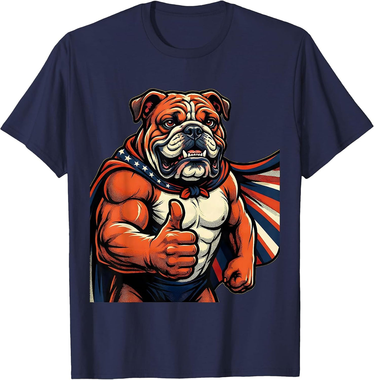 Patriotic Bulldog American Flag Cape Graphic T-Shirt - Navy Blue