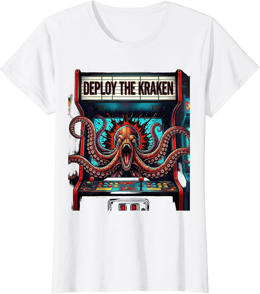 Women's Deploy The Kraken Pop Art Octopus Lover Vintage Graphic T-Shirt - White