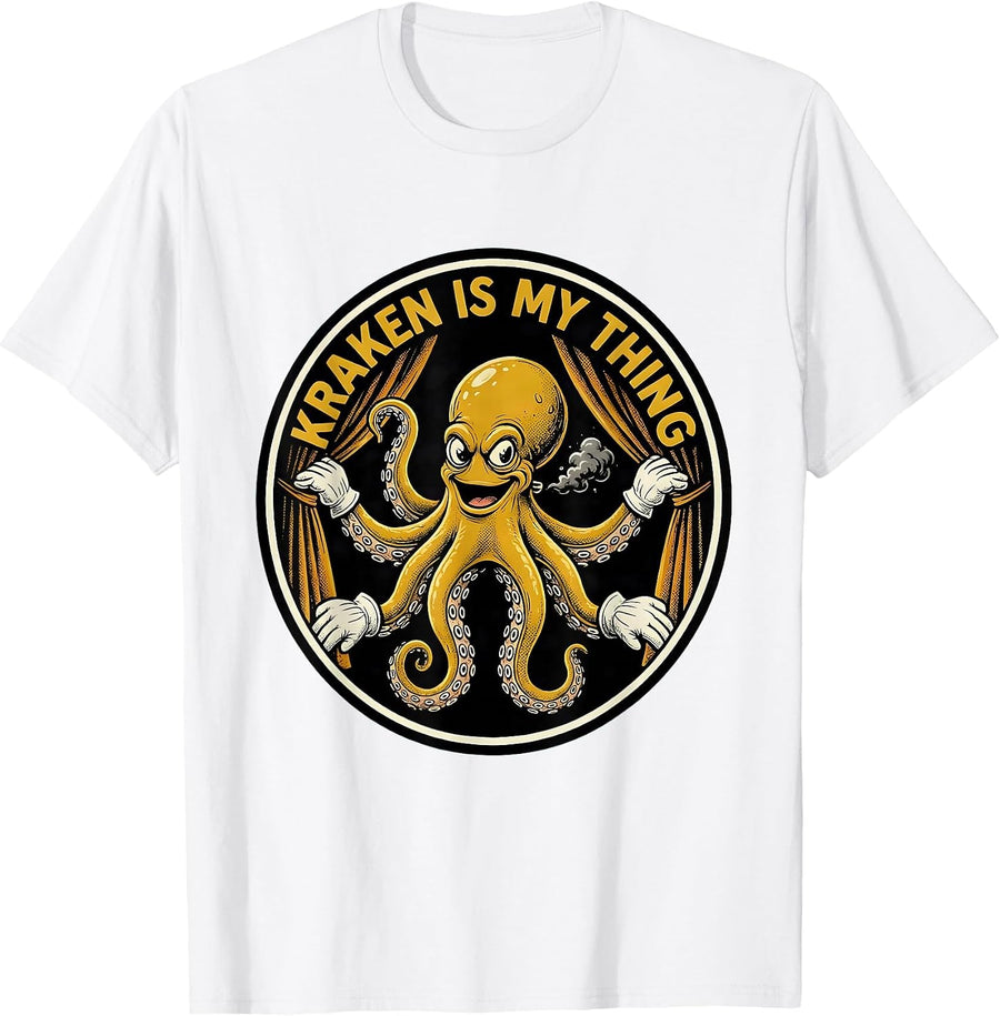 Men's Kraken Is My Thing Retro Cartoon Octopus Lover Humor T-Shirt - White