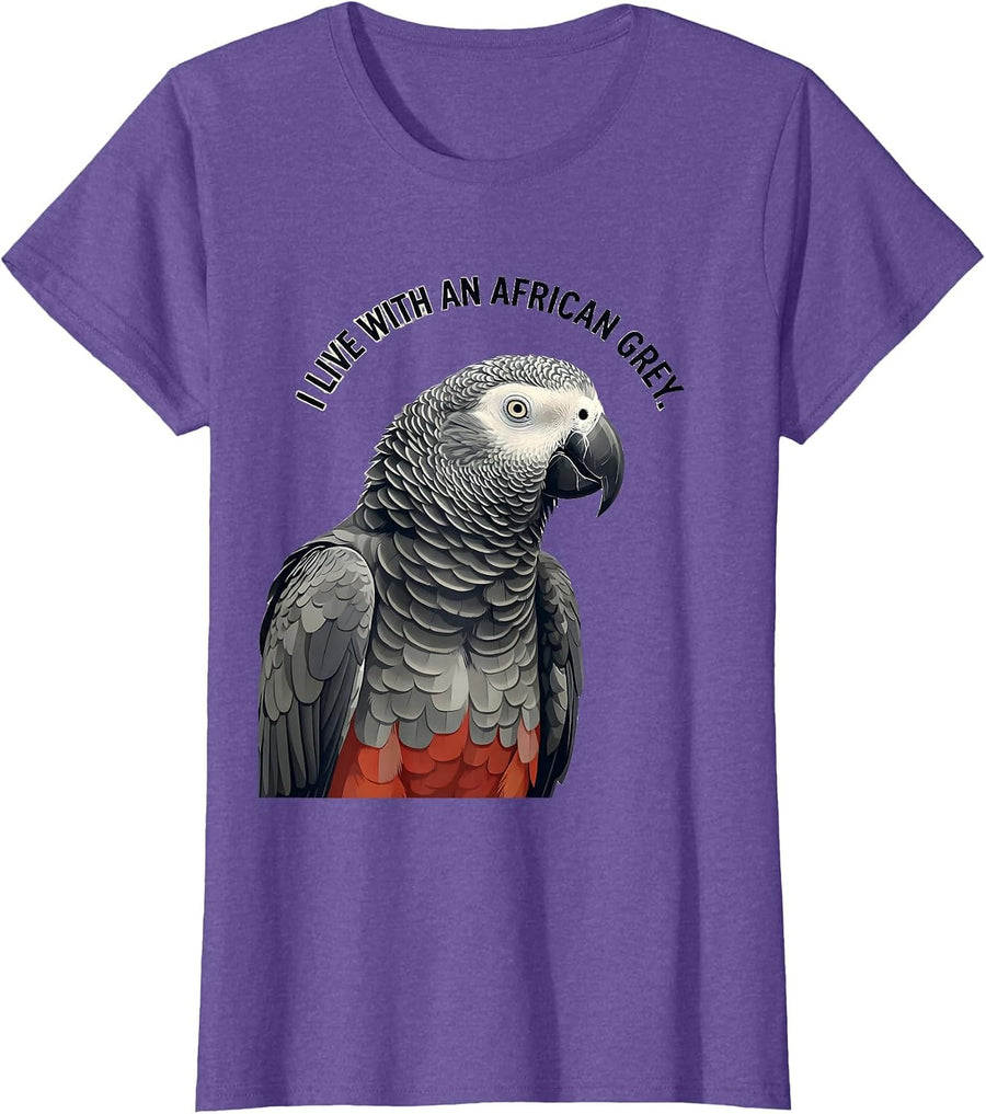 I Live With An African Grey Funny Parrot Owner Bird Lover T-Shirt - Purple Heather