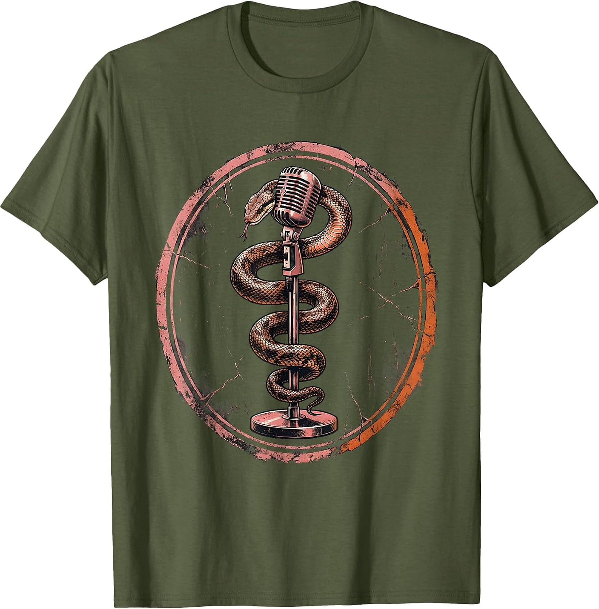 Snake Coiled Microphone Stand Rock Music Graphic T-Shirt - Olive Green