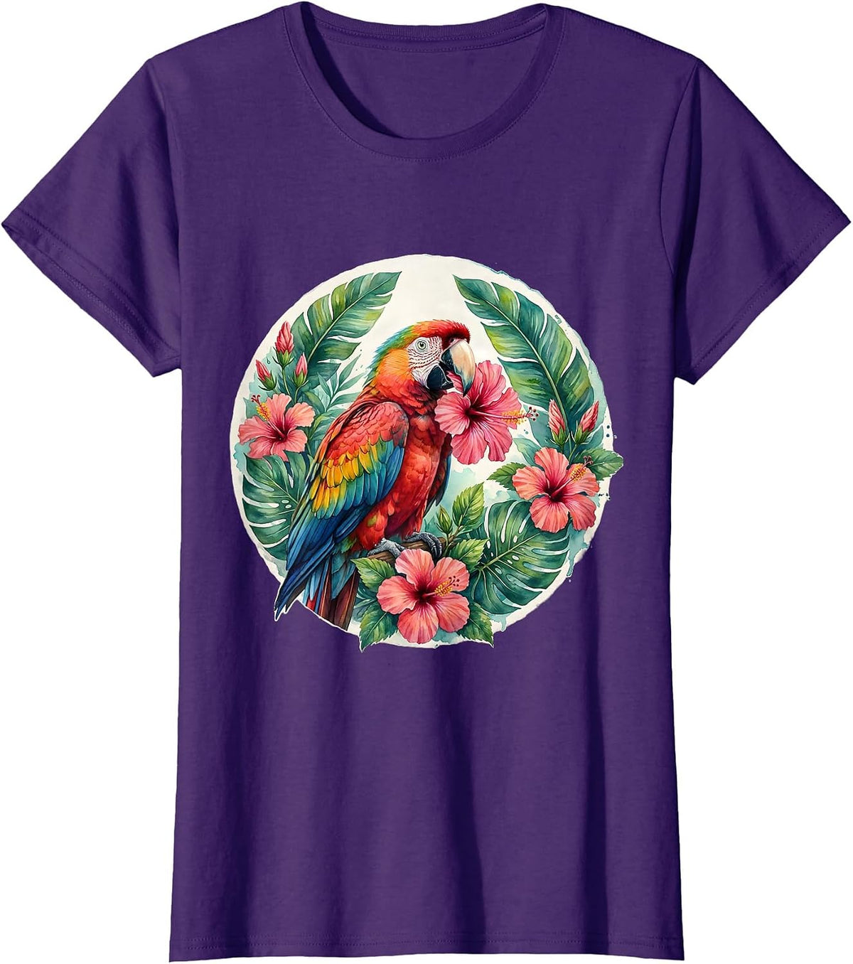 Women's Colorful Parrot Hibiscus Hawaiian Tropical Design T-Shirt - Purple