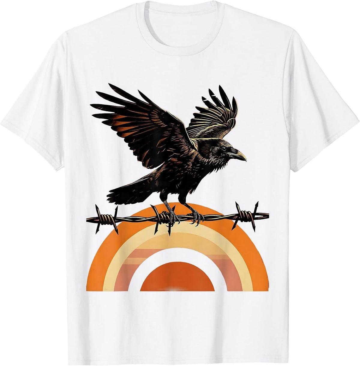 Men's Crow on Barbed Wire Sunrise Illustration T-Shirt - White