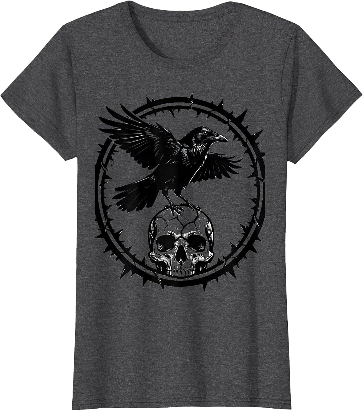 Women's Crow Perched on Skull Dark Gothic Horror Design T-Shirt - Dark Heather Grey