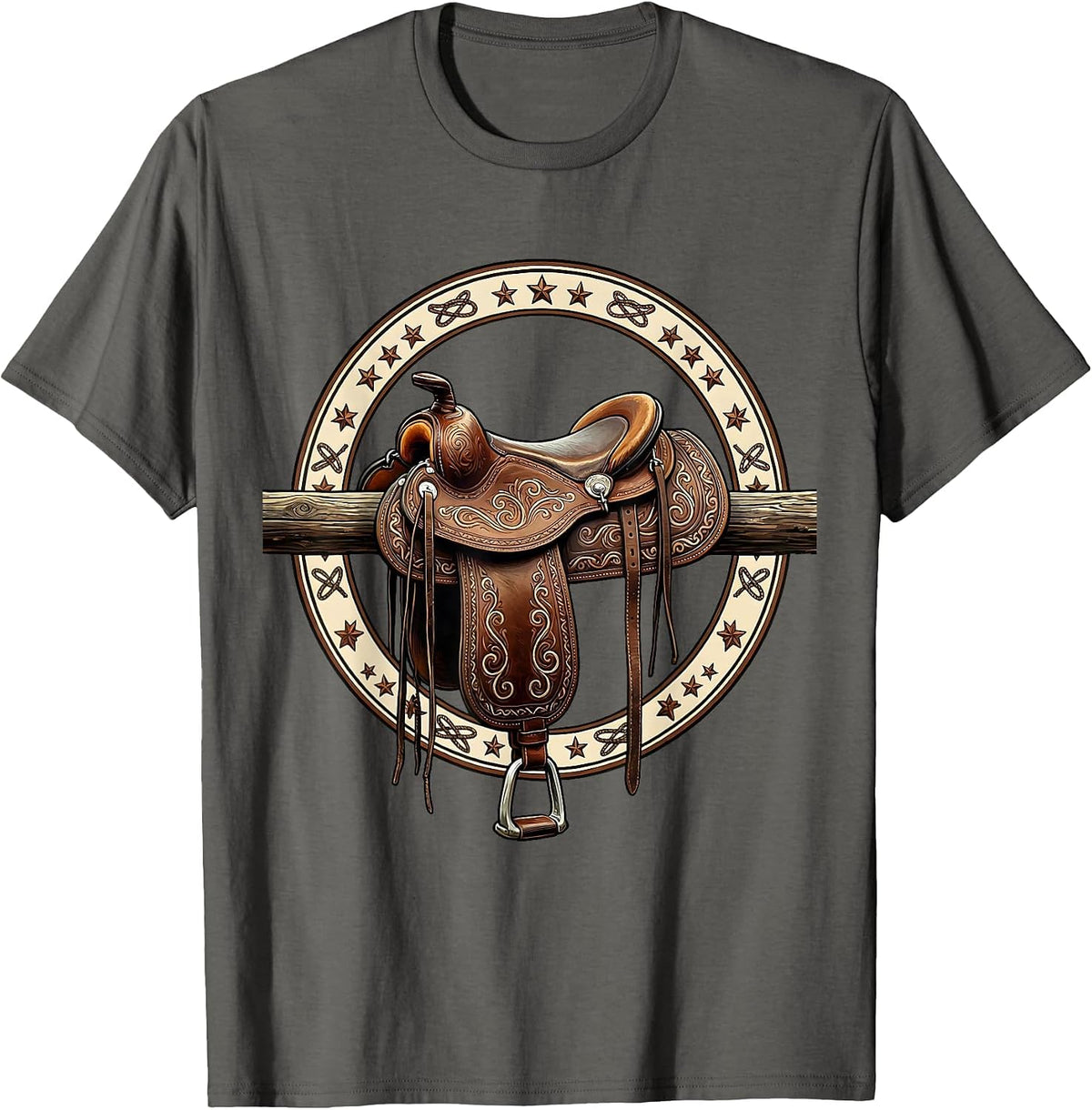 Saddle on Fence Rail Cowboy Western Graphic T-Shirt - Asphalt Grey