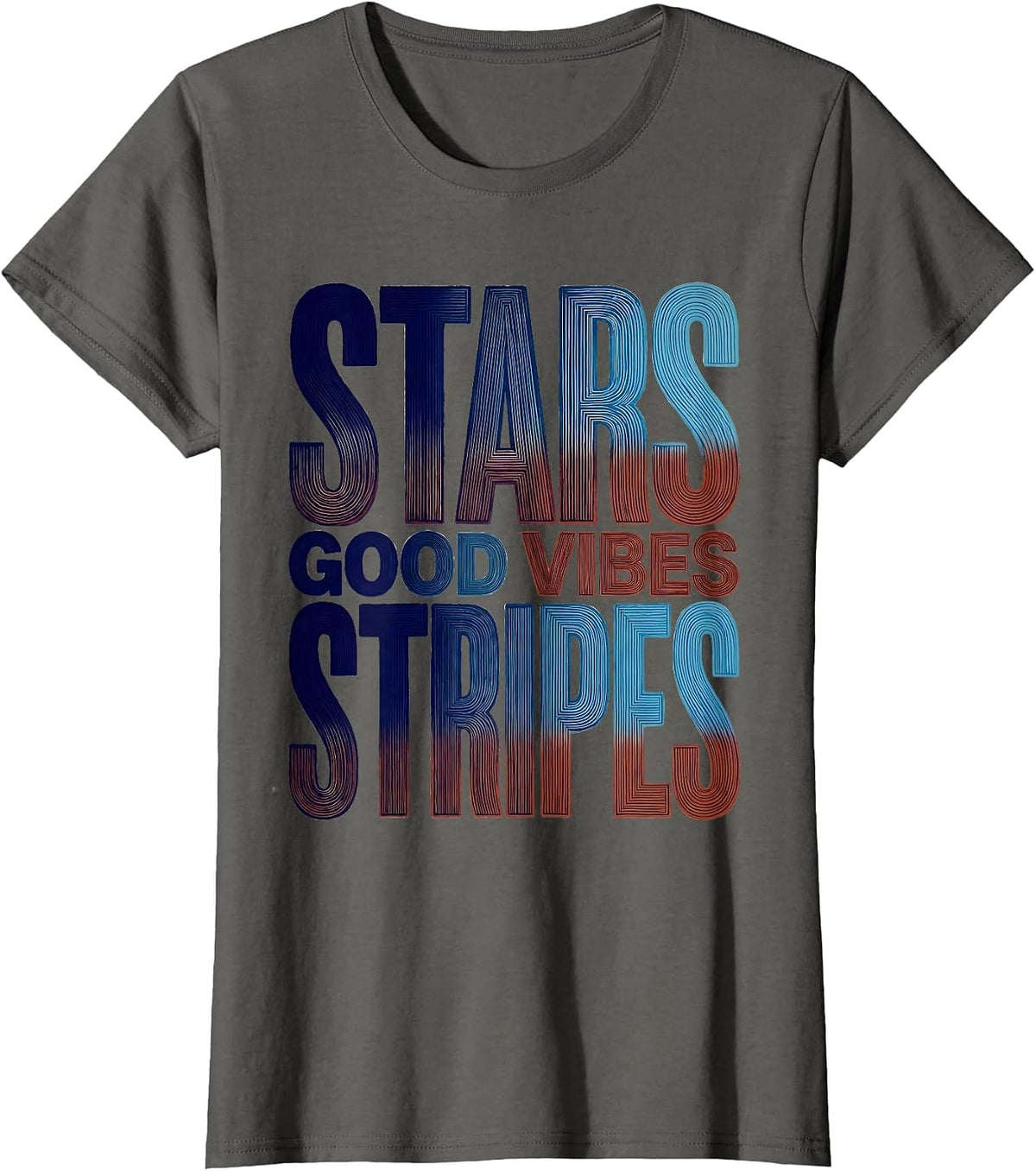 Women's Stars Stripes Good Vibes USA Patriotic Design T-Shirt - Asphalt Grey