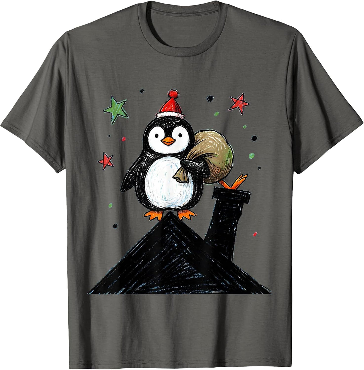 Men's Wobbly Penguin Naive Kidcore Funny Christmas T-Shirt - Asphalt Grey