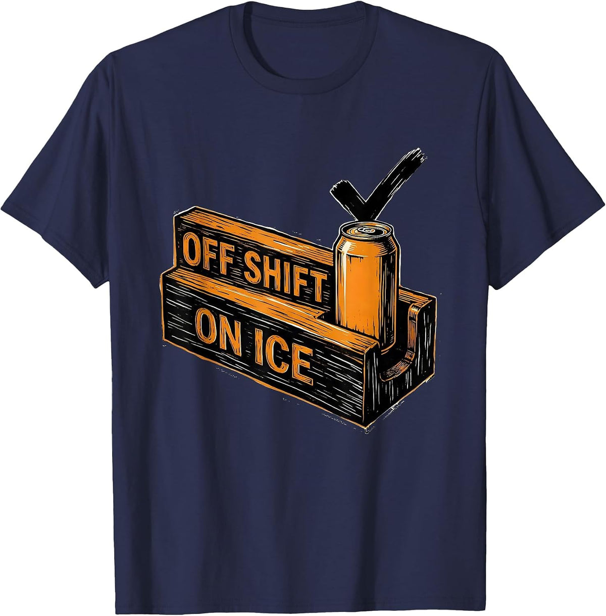 Men's Off Shift On Ice Linocut Labor Day Cookout Beer Humor T-Shirt - Navy Blue