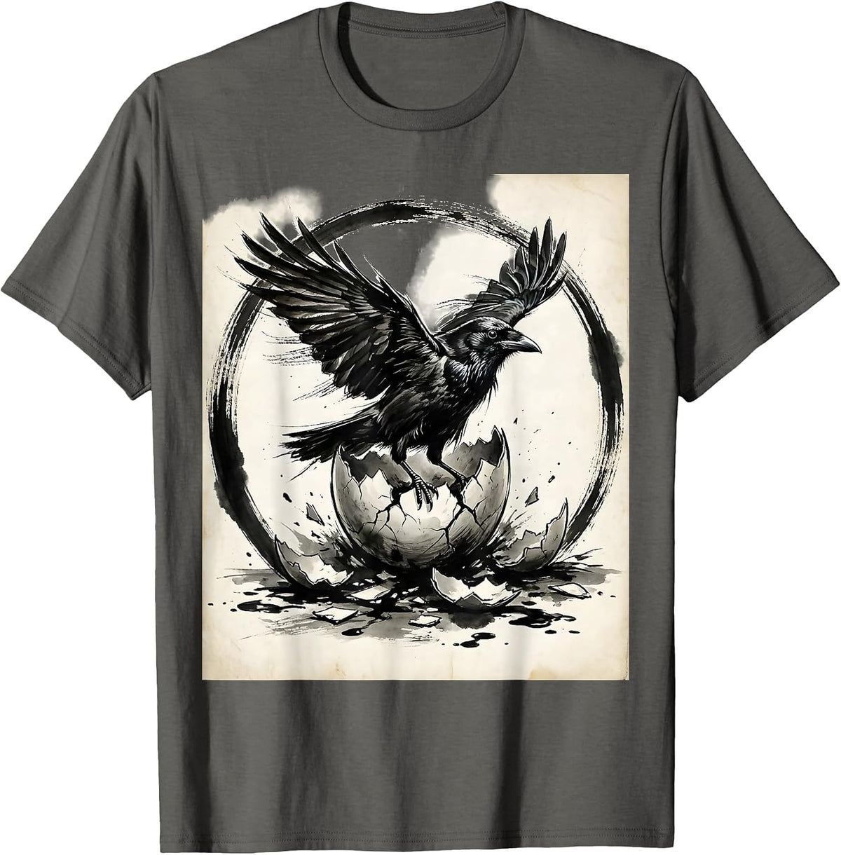 Crow Emerging From Broken Eggshell Illustration T-Shirt - Asphalt Grey