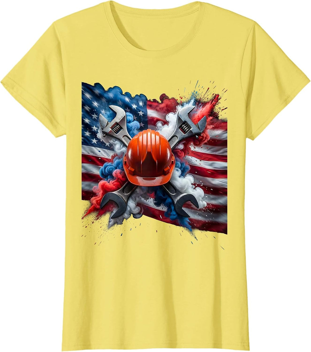 Hard Hat Crossed Wrenches American Flag Graphic T-Shirt - Lemon Yellow