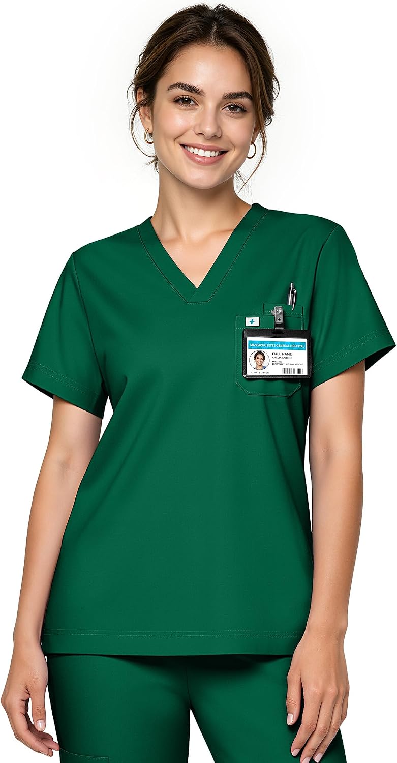 Scrub Tops for Women, Stretch V-Neck Scrub Tops - Hunter Green