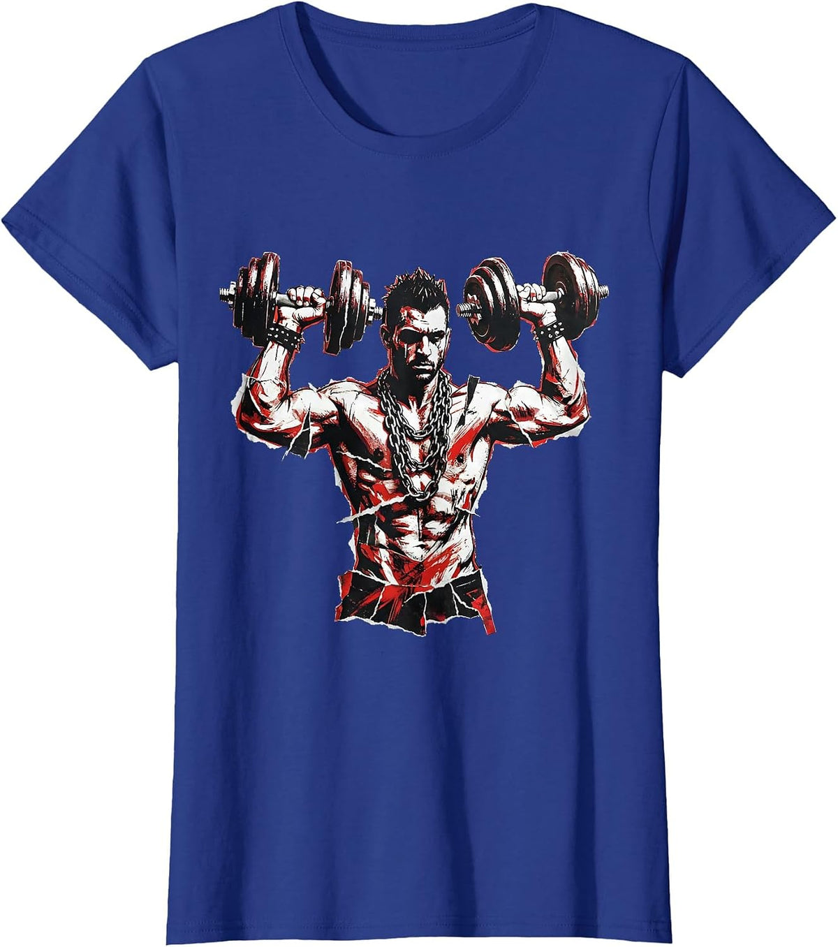Women's 90s Gym Culture Dumbbell Chain Necklace Graphic T-Shirt - Royal Blue