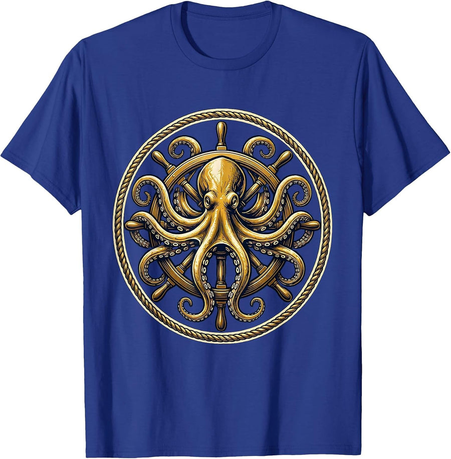 Octopus Ship Wheel Nautical Cruise Graphic T-Shirt - Royal Blue