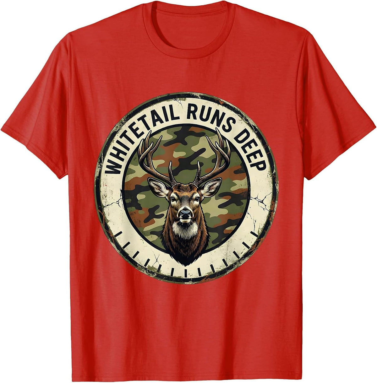 Men's Whitetail Runs Deep Distressed Camo Deer Hunting Dad Humor T-Shirt - Red