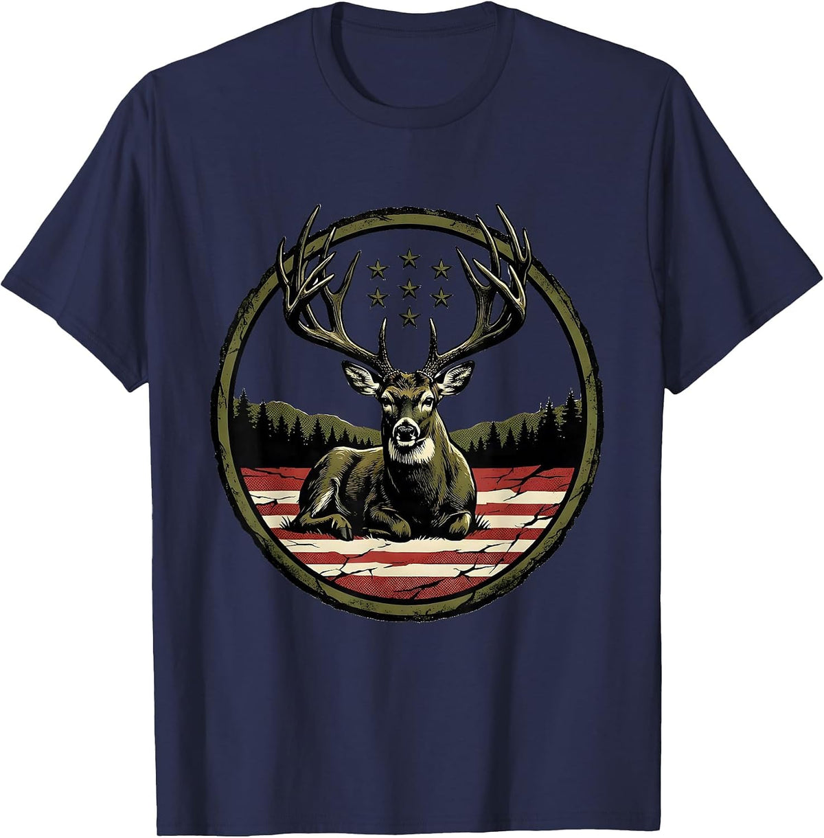 Whitetail Buck Patriotic Deer Hunter Dad Gift T-Shirt - Navy Blue