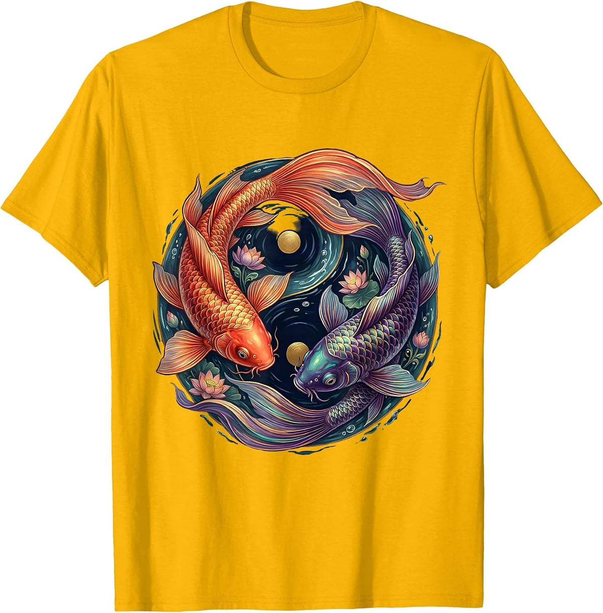 Rainbow Koi Fish Swimming in Circle Graphic T-Shirt - Golden Yellow