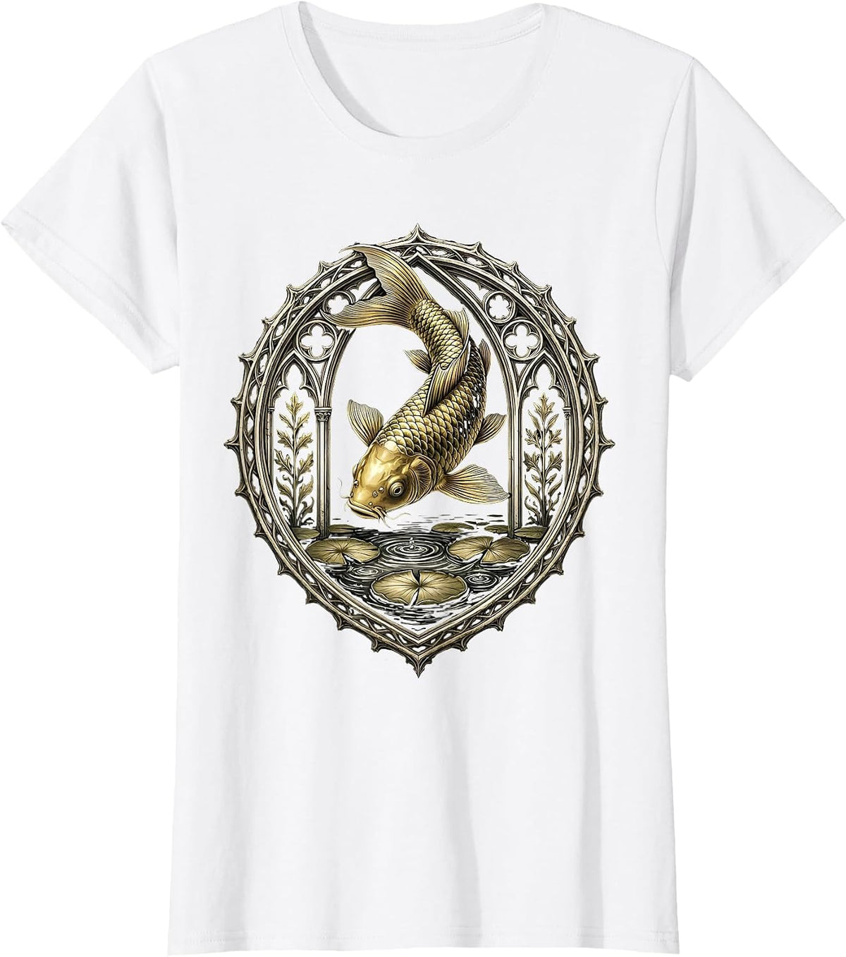 Women's Gold Koi Fish Leaping from Dark Water T-Shirt - White