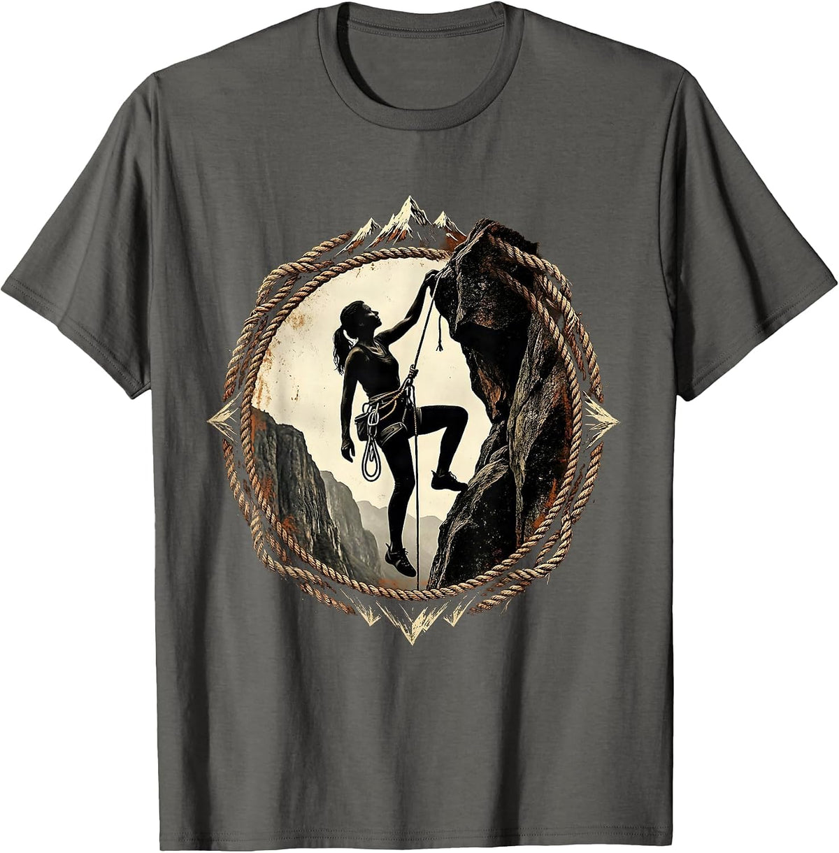 Woman Rock Climber Cliff Face Illustration T-Shirt - Asphalt Grey