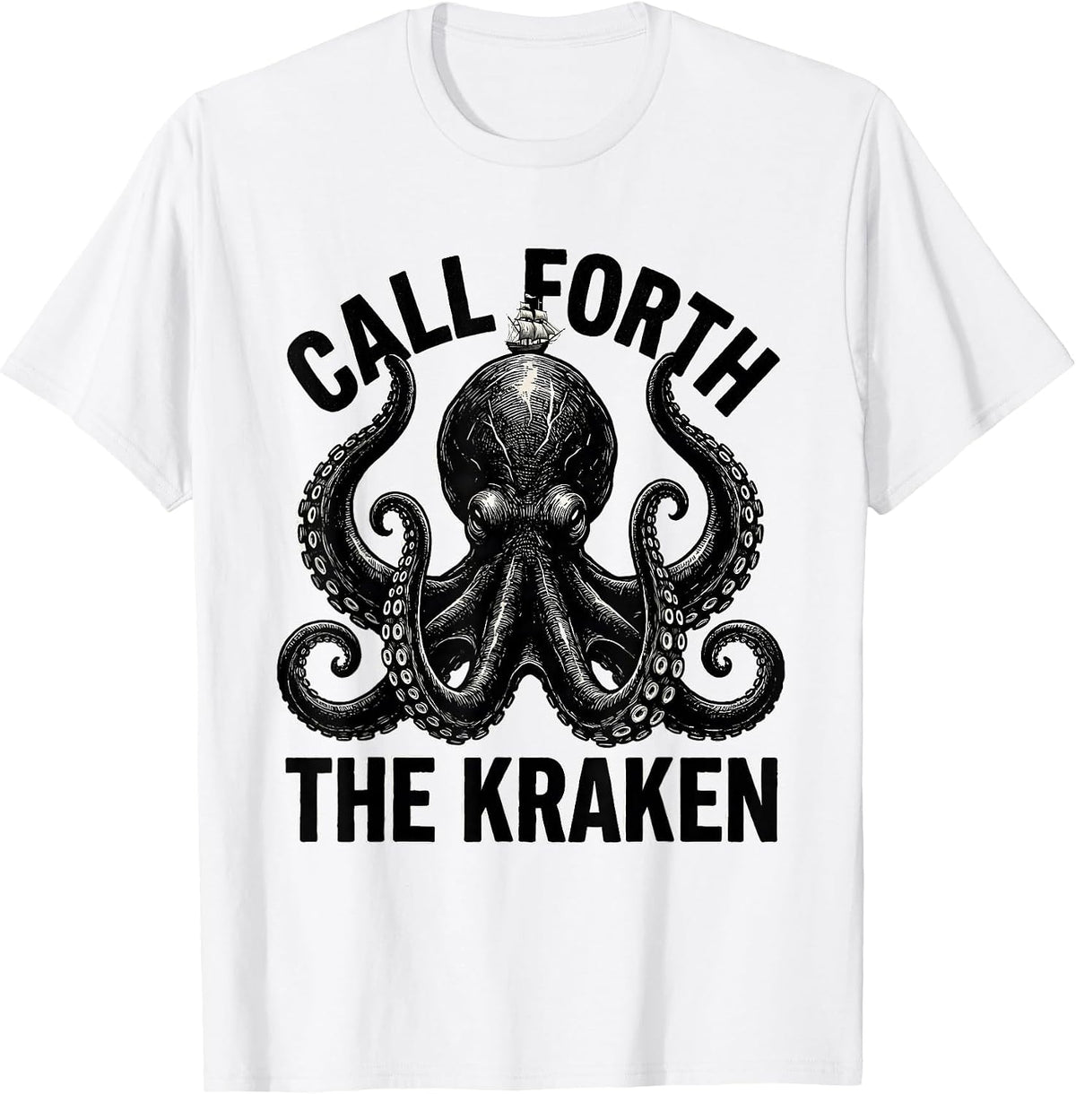 Men's Call Forth The Kraken Scratchboard Kraken Octopus Lover T-Shirt - White