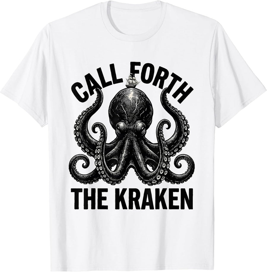 Men's Call Forth The Kraken Scratchboard Kraken Octopus Lover T-Shirt - White