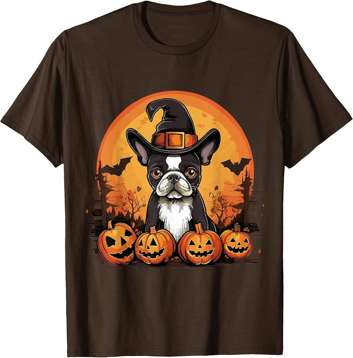 Boston Terrier Bostie Dog Breed Pet Halloween Pumpkins T-Shirt - Brown