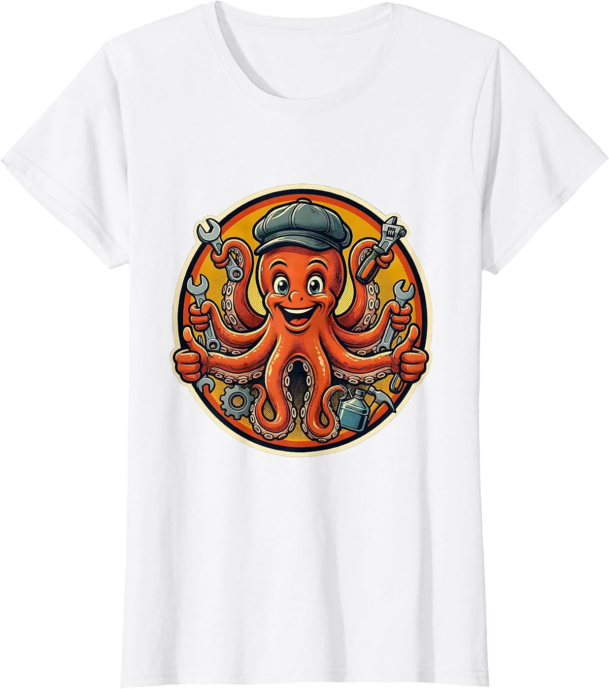 Women's Octopus Mechanic Graphic Tee Funny Auto Repair T-Shirt - White