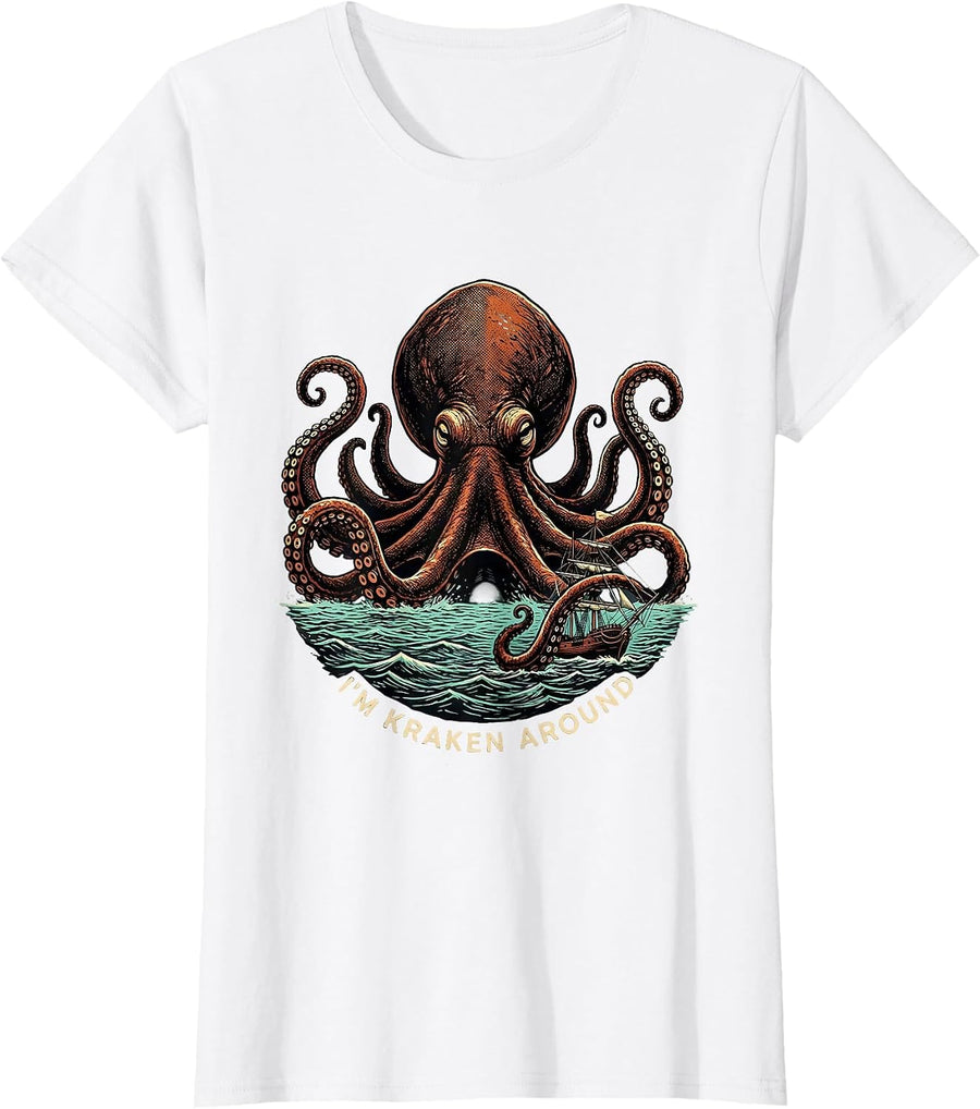 Women's I'm Kraken Around Vintage Octopus Sea Monster Ocean Lover T-Shirt - White
