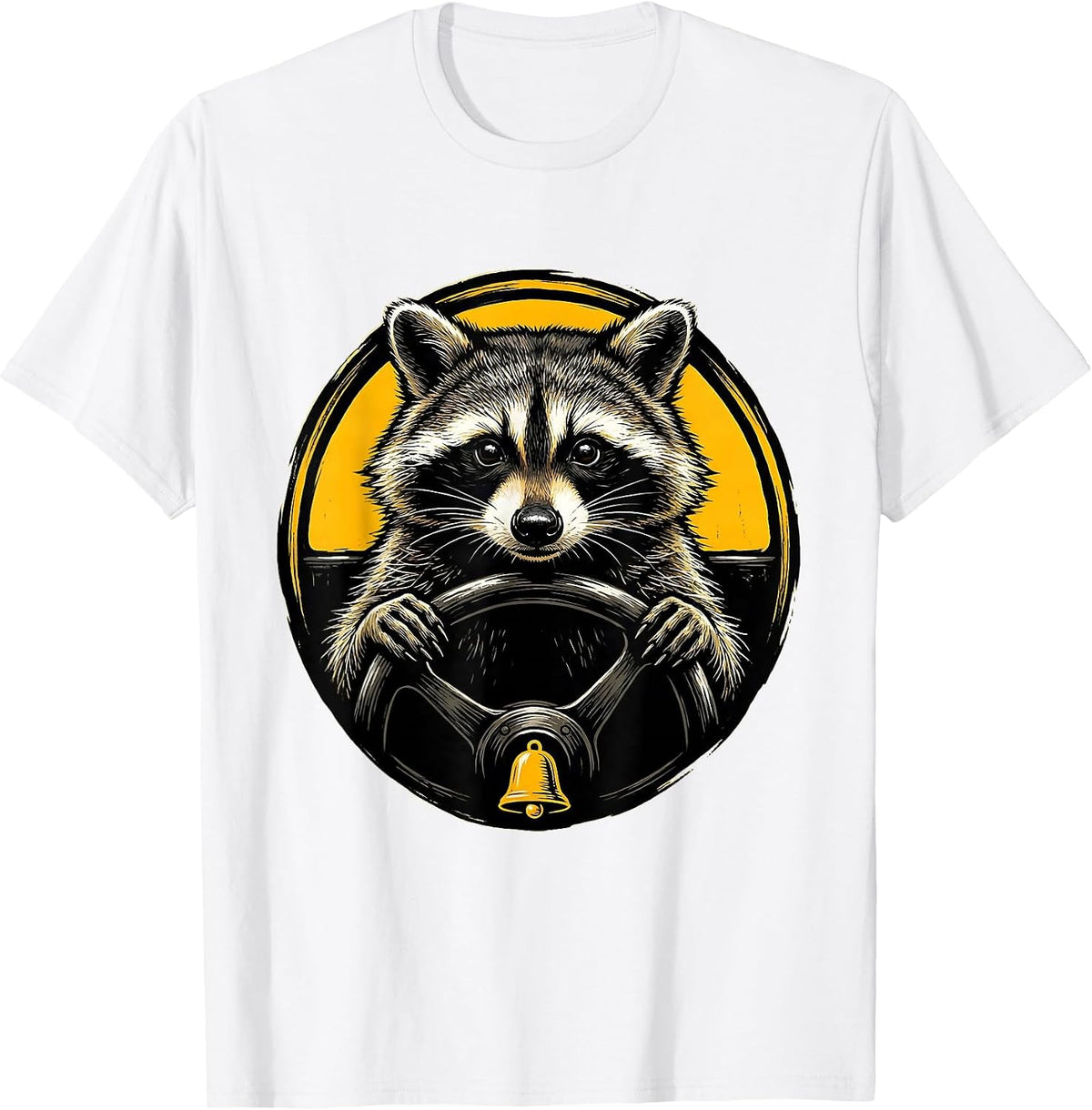 Men's Raccoon School Bus Driver Linocut Funny Animal Meme T-Shirt - White