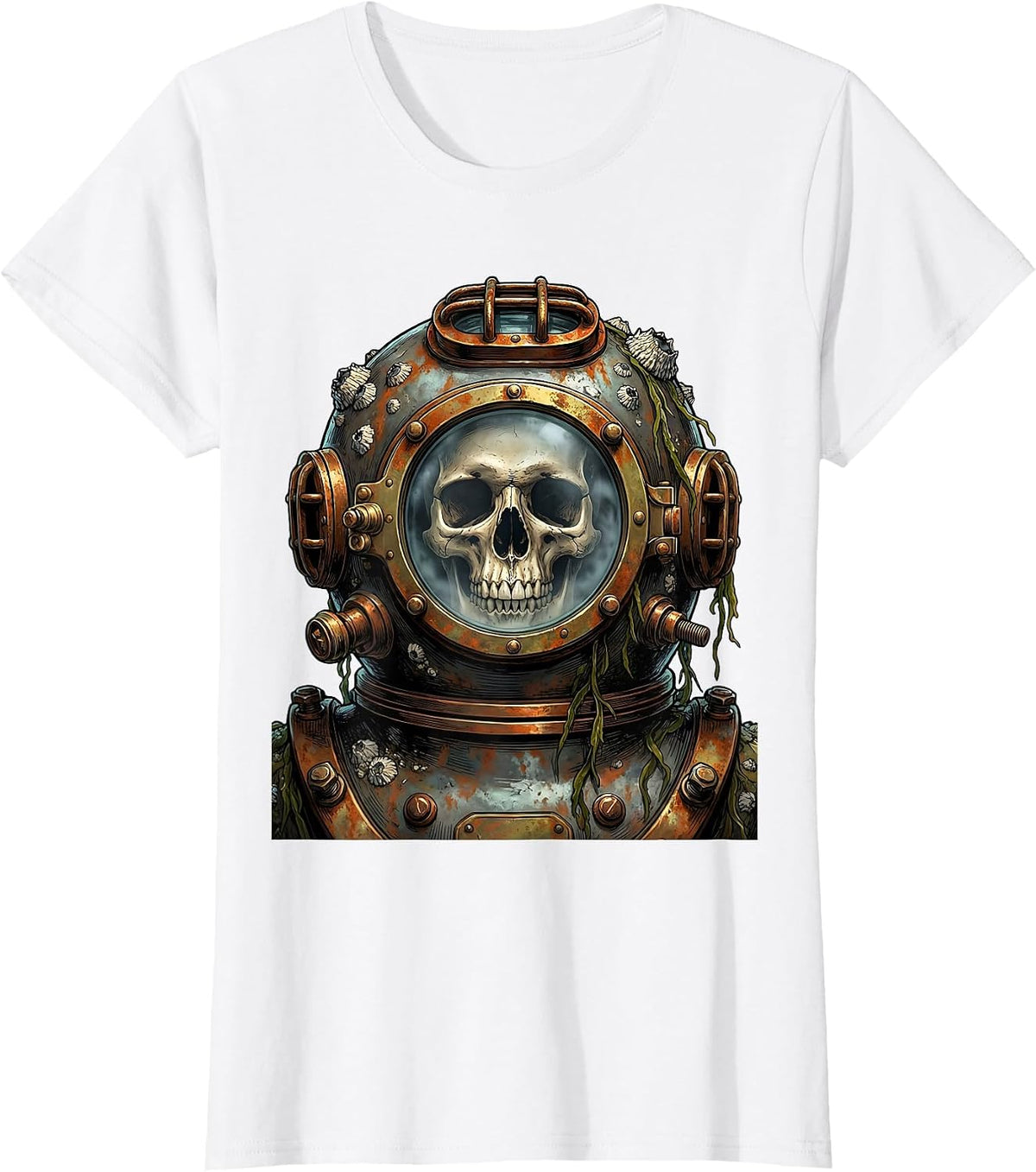 Skull in Vintage Deep Sea Diving Helmet T-Shirt - White