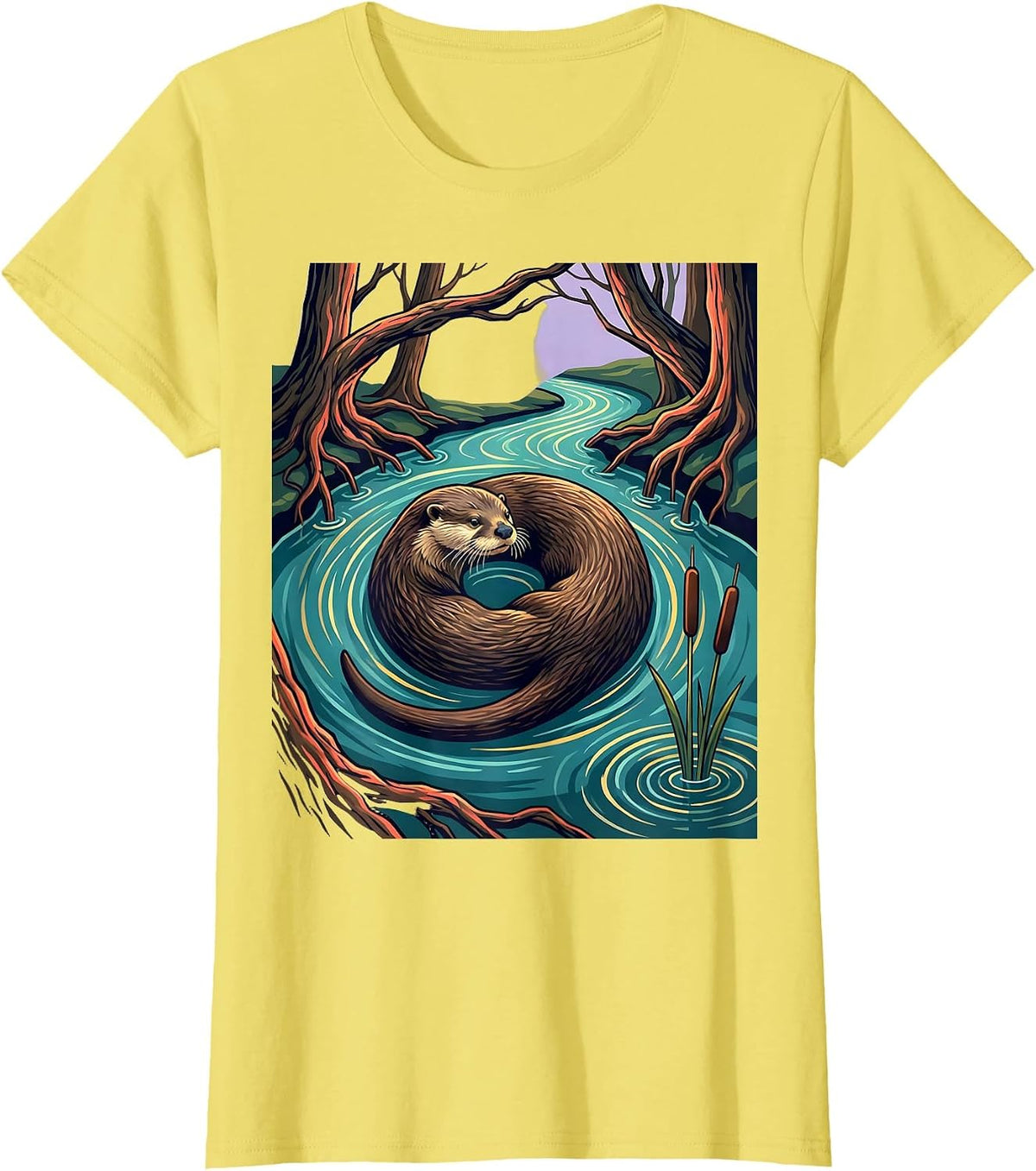Women's River Otter Woodland Stream Nature Lover Retro T-Shirt - Lemon Yellow