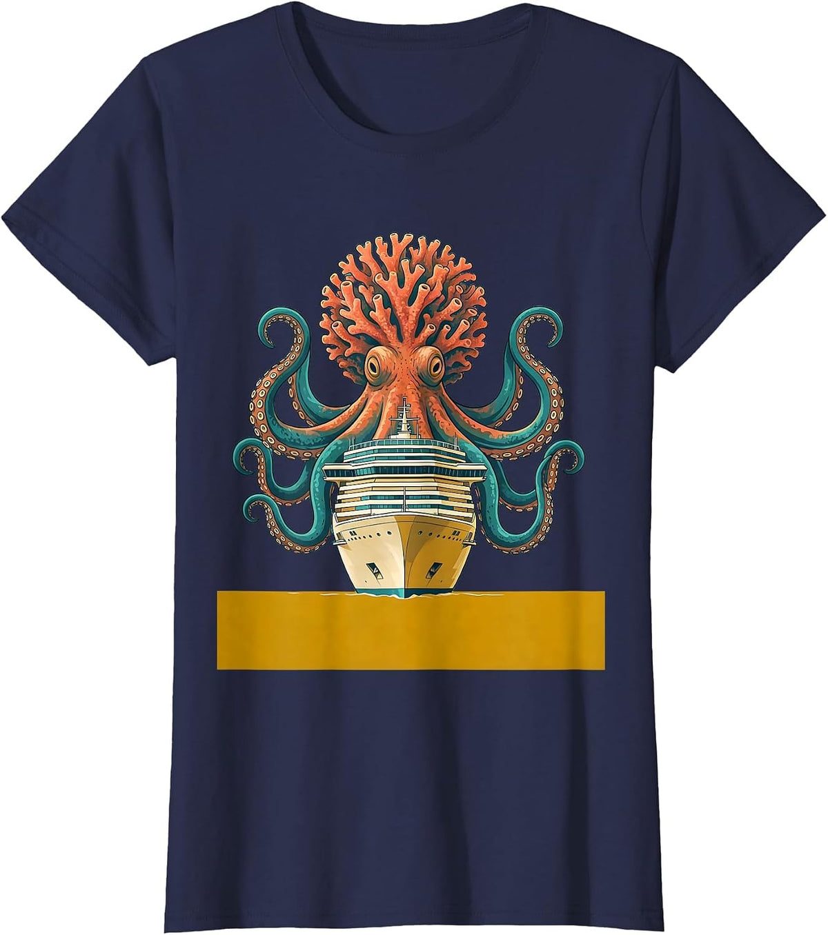 Women's Giant Octopus Attacking Cruise Ship Illustration T-Shirt - Navy Blue