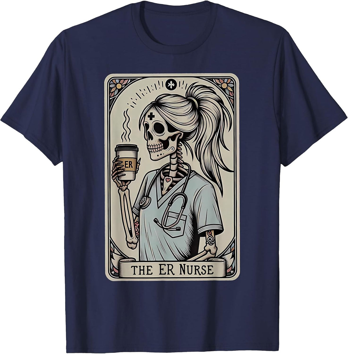 Skeleton Emergency Room Nurse Halloween Tarot Card Nursing T-Shirt - Navy Blue