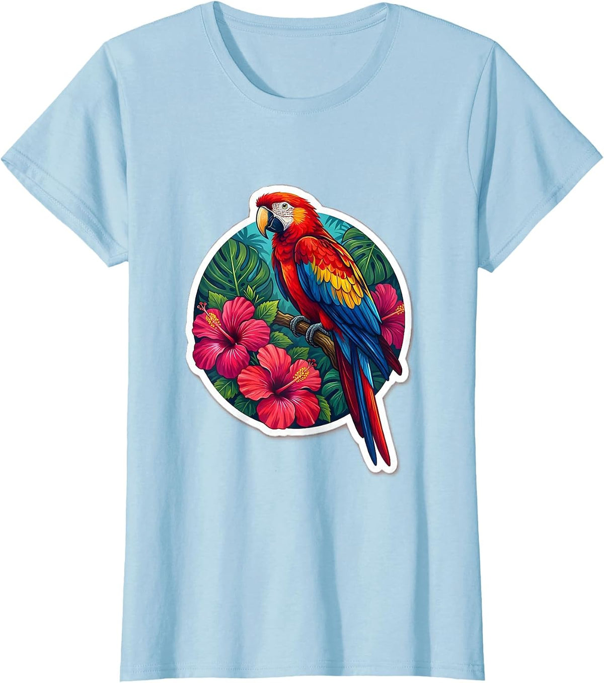 Colorful Parrot Hibiscus Mexican Floral Art T-Shirt - Baby Blue
