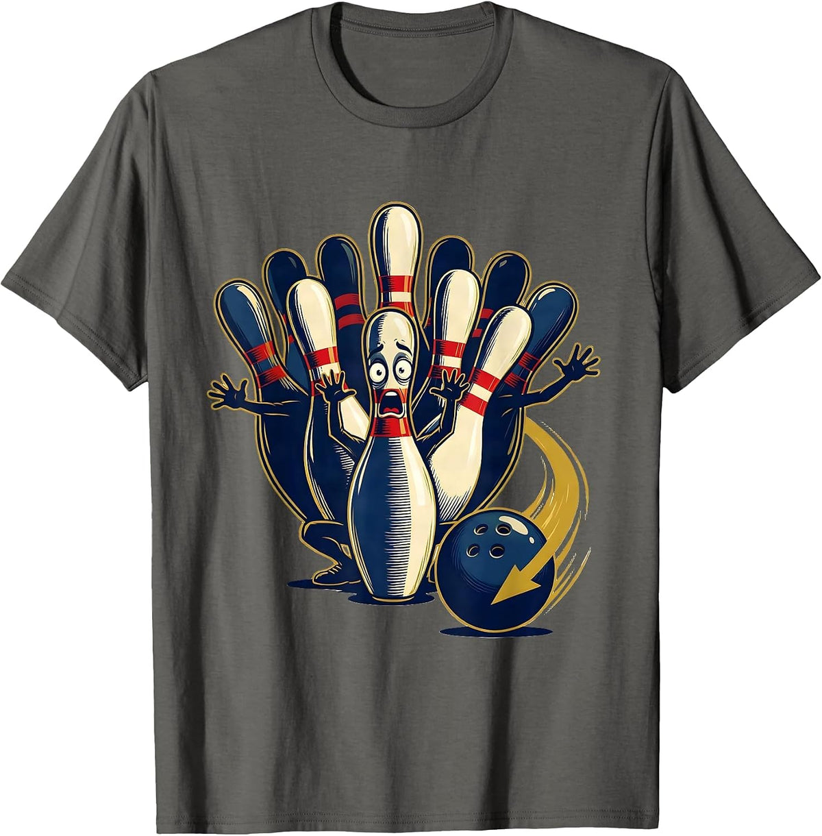 Bowling Pins Scared Funny Sport Bowler T-Shirt - Asphalt Grey
