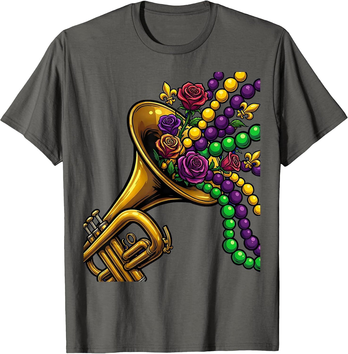 Mardi Gras Trumpet Blooms and Beads Illustration T-Shirt - Asphalt Grey