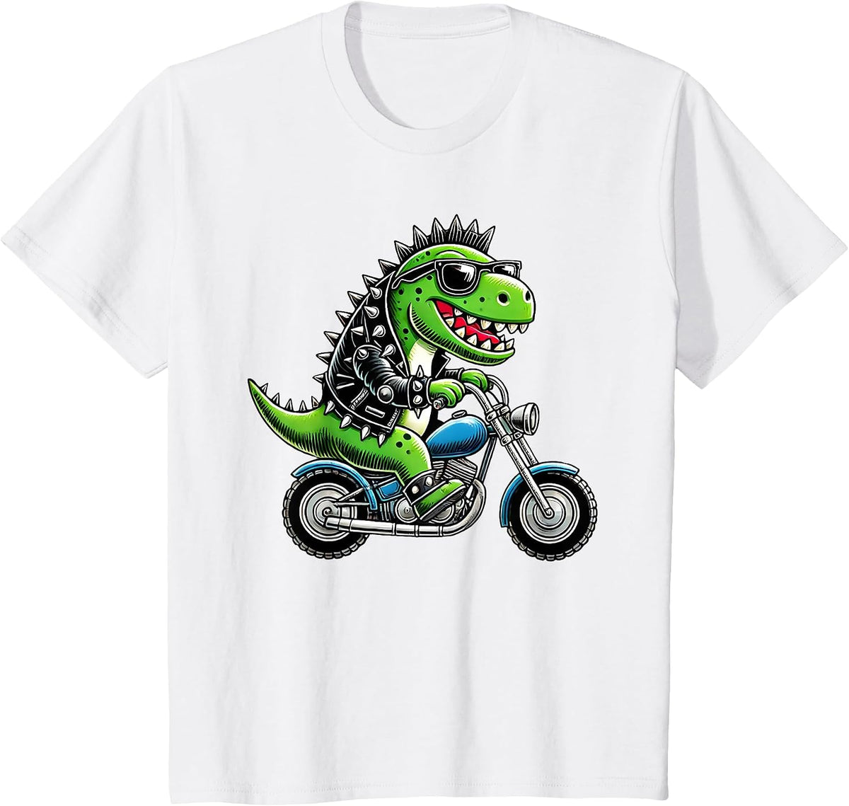 Cute Punk Biker Dinosaur, Funny Dino Riding Motorcycle, Bike T-Shirt - White