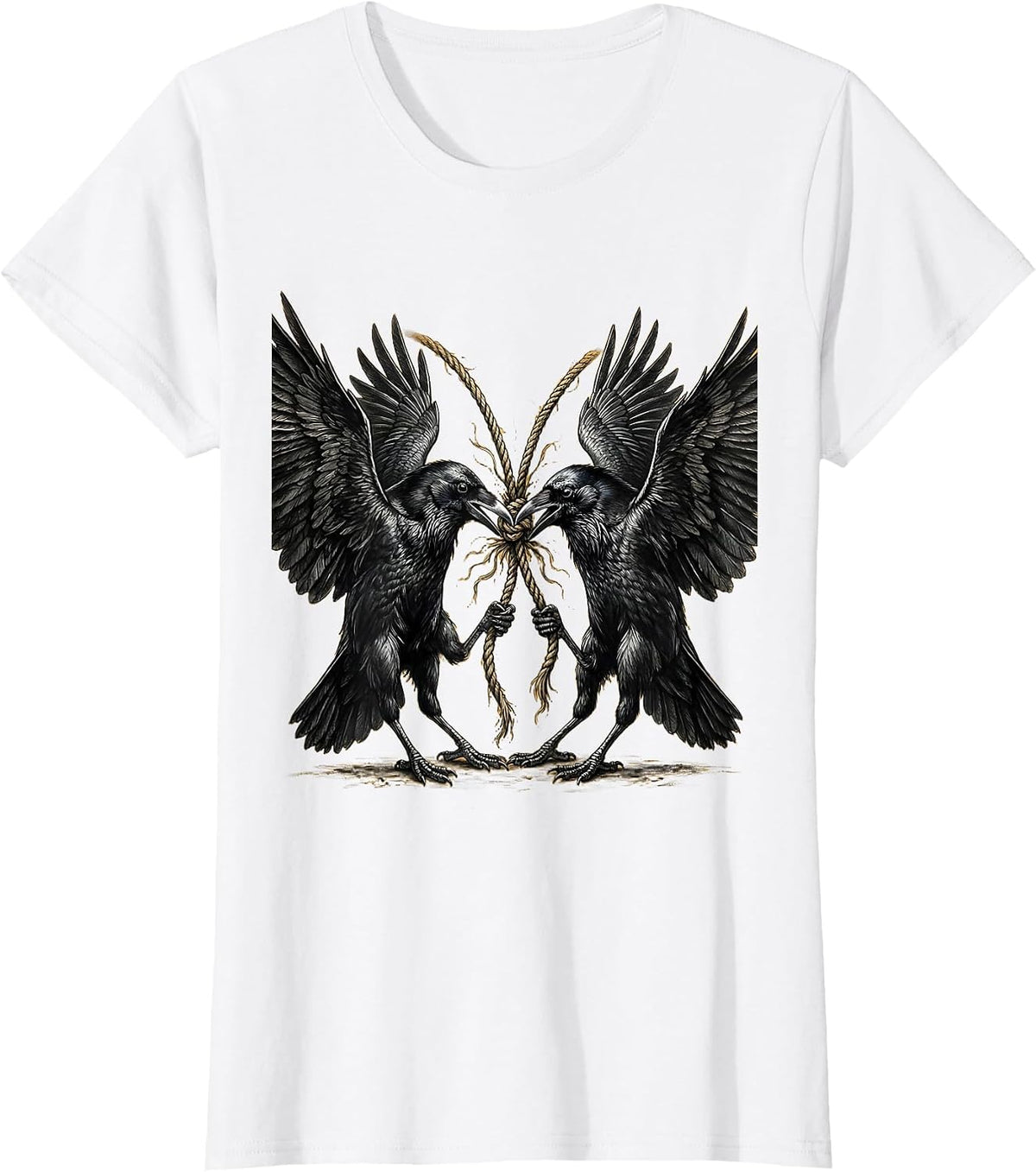 Two Crows Tug of War Graphic Design T-Shirt - White