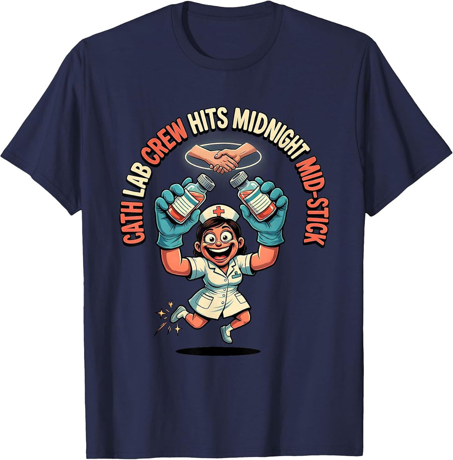 CATH LAB CREW HITS MIDNIGHT MID-STICK Funny Nurse New Year T-Shirt - Navy Blue