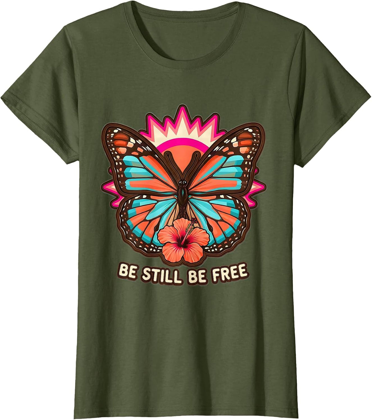 Women's Be Still Be Free Mindfulness Inspirational Design T-Shirt - Olive Green