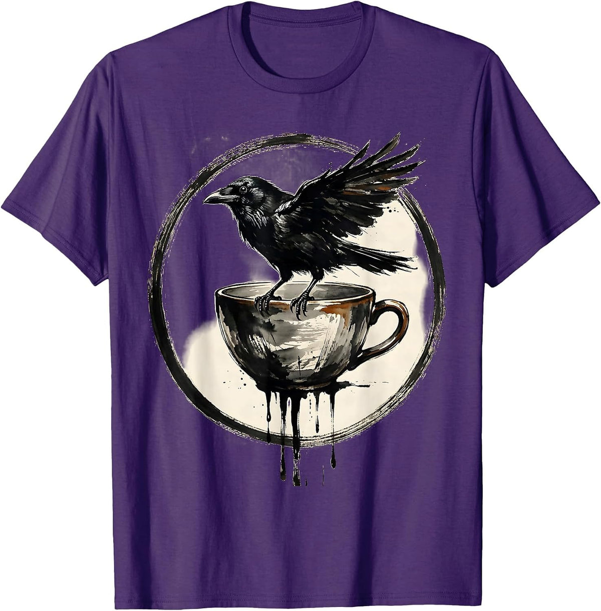 Cawf Crow Perched on Dripping Coffee Cup T-Shirt - Purple
