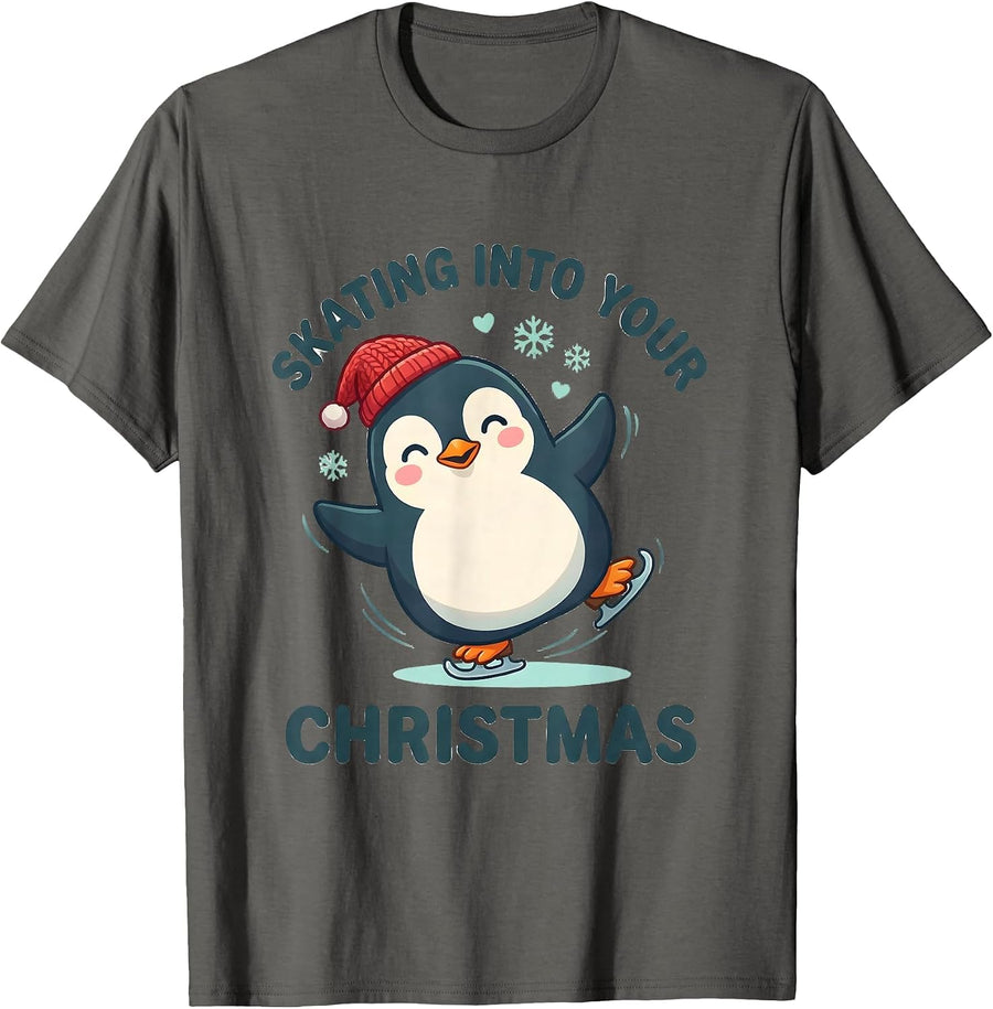 Skating Into Your Christmas Cute Kawaii Penguin Lover T-Shirt - Asphalt Grey