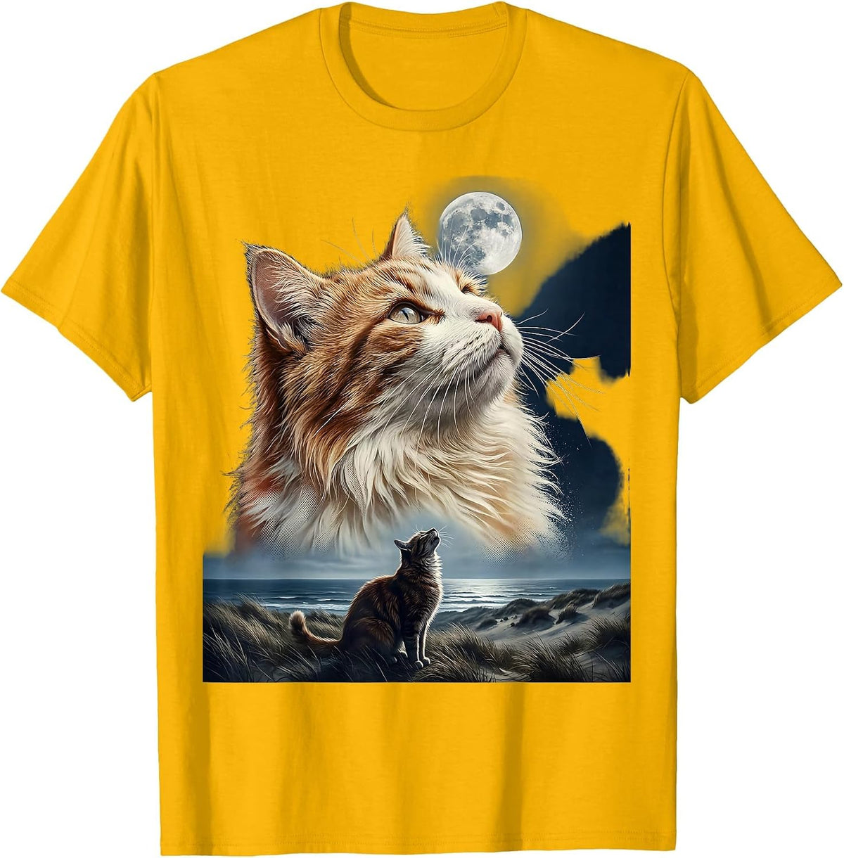 White and Ginger Cat Howling at Moon 90's Retro T-Shirt - Golden Yellow