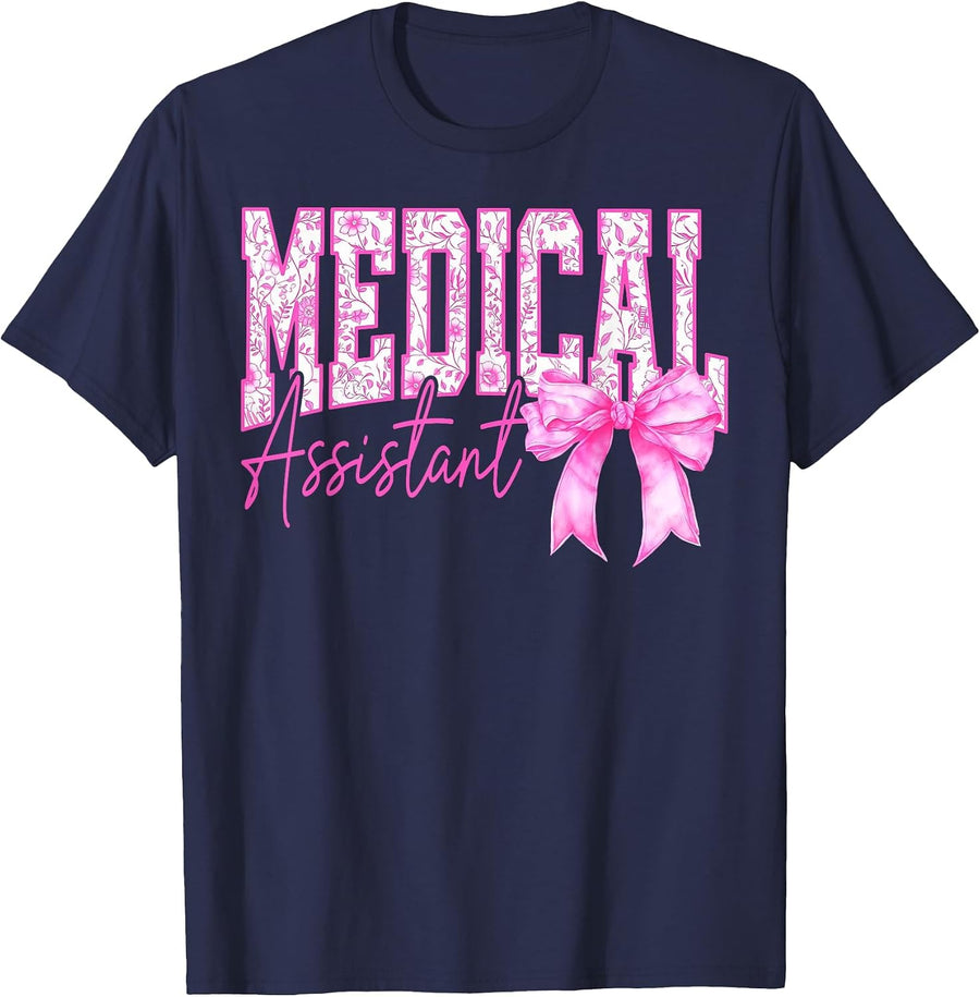 Medical Assistant Floral Toile Pink Watercolor Coquette Bow T-Shirt - Navy Blue
