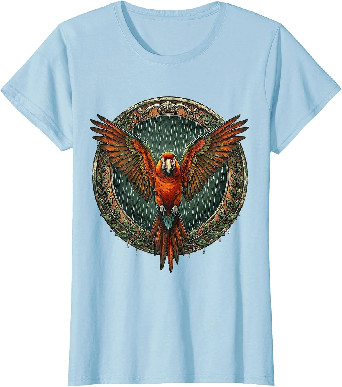 Parrot Spreading Wings in the Rain Jungle Art T-Shirt - Baby Blue