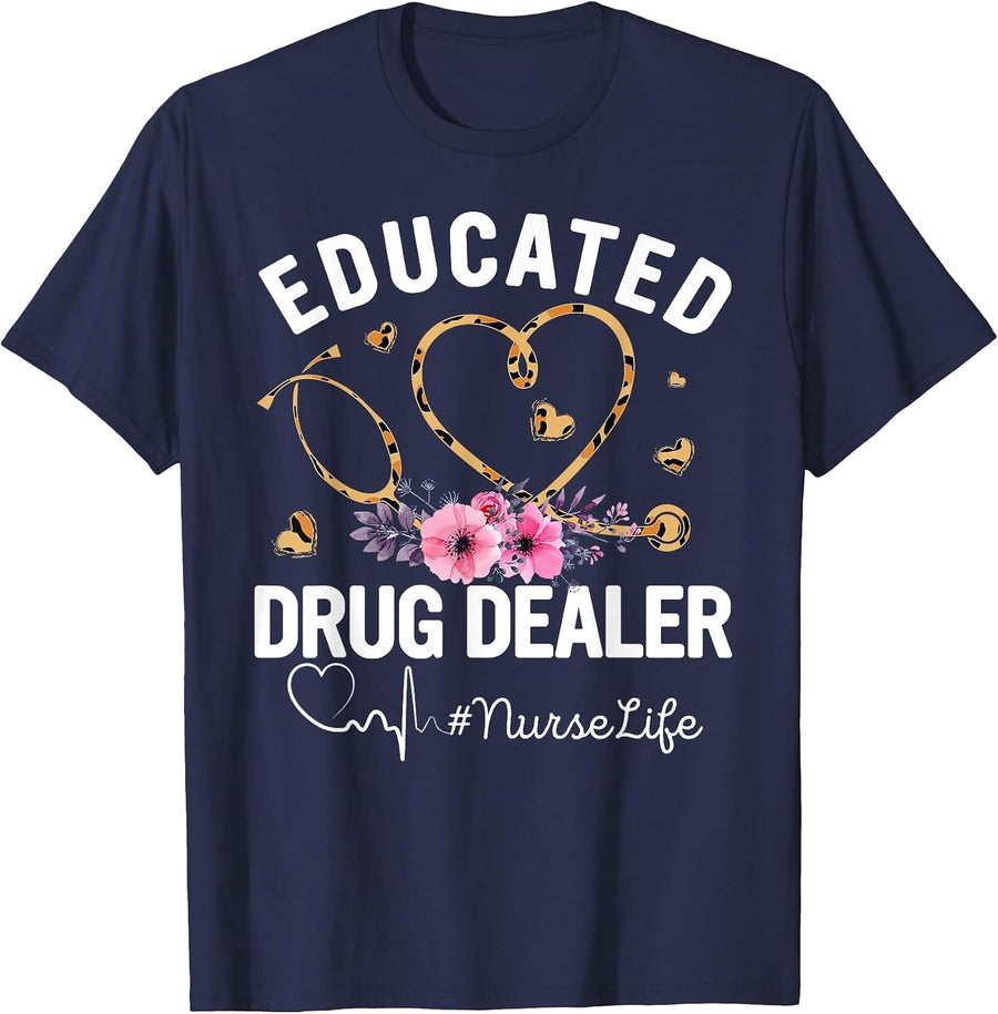 Educated Drug Dealer Nurse Life Costume Leopard Stethoscope T-Shirt - Navy Blue